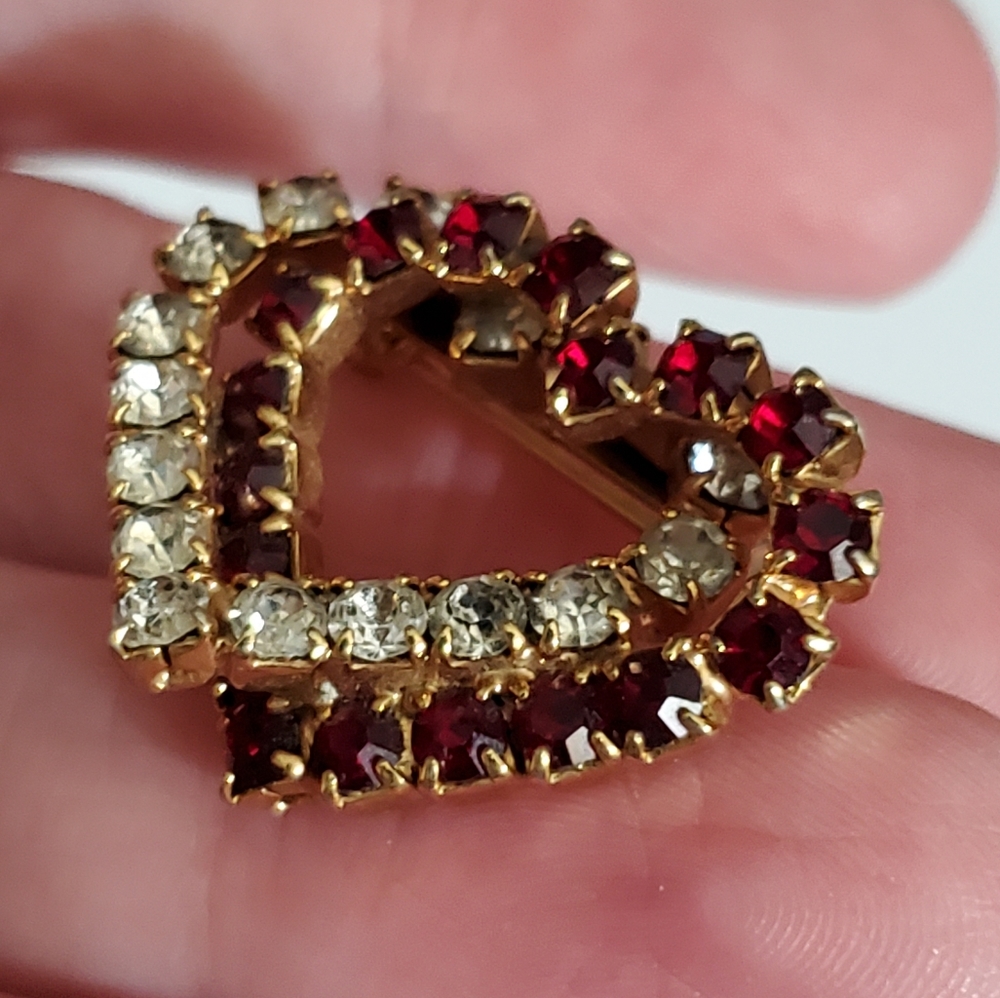 Vintage set brooch pin hearts 2 crystal ruby diamond pave heart double 80's vtg